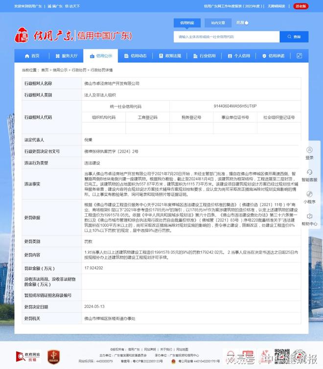 Leyu体育：佛山市卓泾房地产开发有限公司因违法建设被罚17万余元并要求补办相关手续