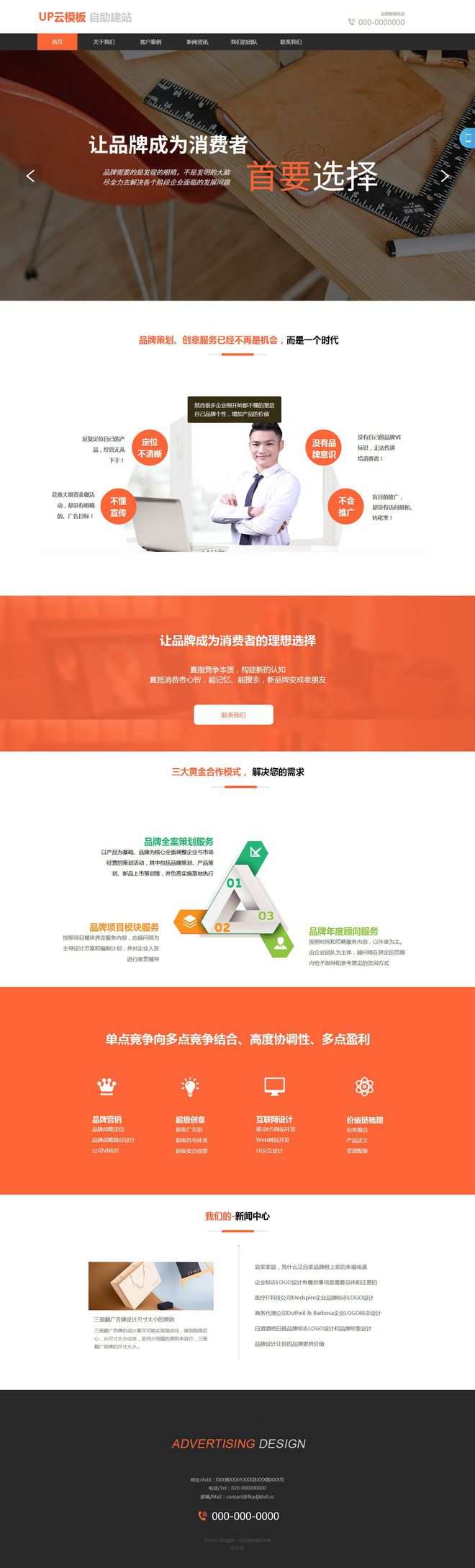 Leyu体育：网站建设精品云模板展示：广告行业橙色简洁大气自助建站模板